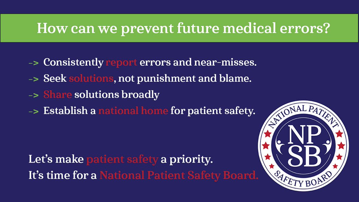 NPatientSafetyB's tweet image. Criminalization of #medicalerrors is not the solution. It’s time to learn from mistakes and harness the power of #HealthIT, robust #data &amp;amp; #humanfactors &amp;amp; share solutions broadly. It’s time for a National Patient Safety Board.
Learn more: npsb.org #PtSafety #NPSB