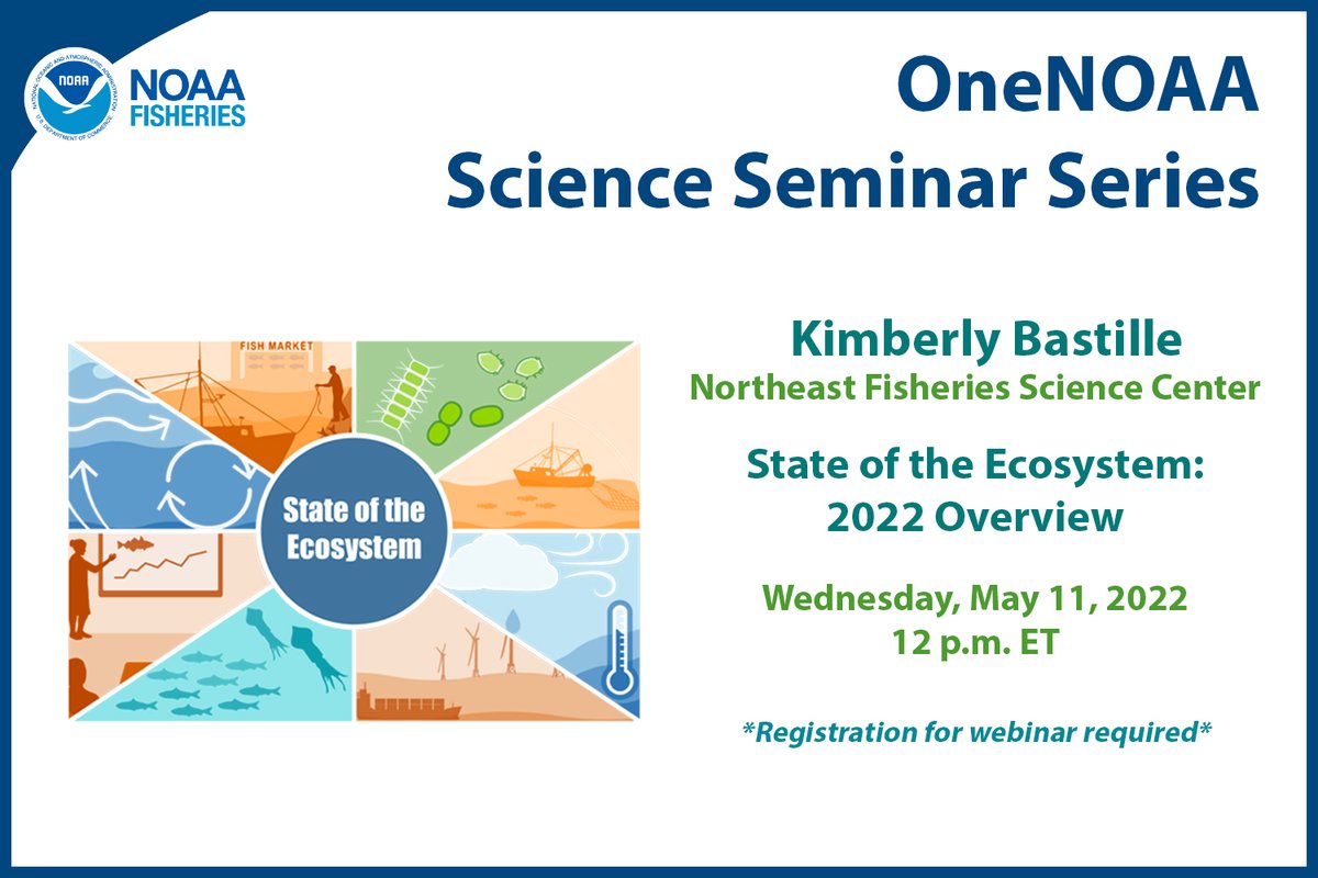 NOAAFish_NEFSC's tweet photo. Tune in May 11 @12pm ET for Kim Bastille’s #OneNOAA webinar about the 2022 #StateOfTheEcosystem reports for the NE Shelf marine ecosystems: https://t.co/1RLr5iSINc. Report highlights: https://t.co/yVLT1oeERJ. #Fisheries #EnvironmentalJustice #ClimateScience #OffshoreWind https://t.co/4R77SDXvsx
