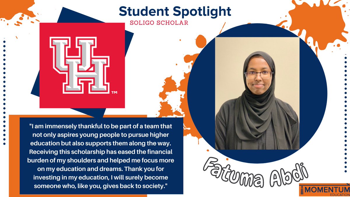 The Momentum Team is more than proud to recognize Fatima Abdi for our student spotlight. We can't wait to see more of Fatima's accomplishments.
.
.
.
#studentspotlight #studentsuccess #collegelife #highered #betterfuture #nonprofitorg #firstgen #onemomentumatatime #collegebound