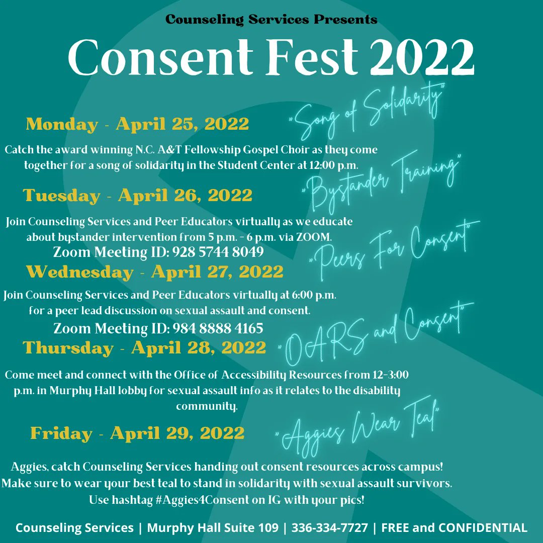 Aggies4Recovery's tweet photo. #NCAT It's Consent Fest! Take a look at the schedule!  #aggies4recovery #consentfest #ncatcounseling services https://t.co/pbhUKXonx5