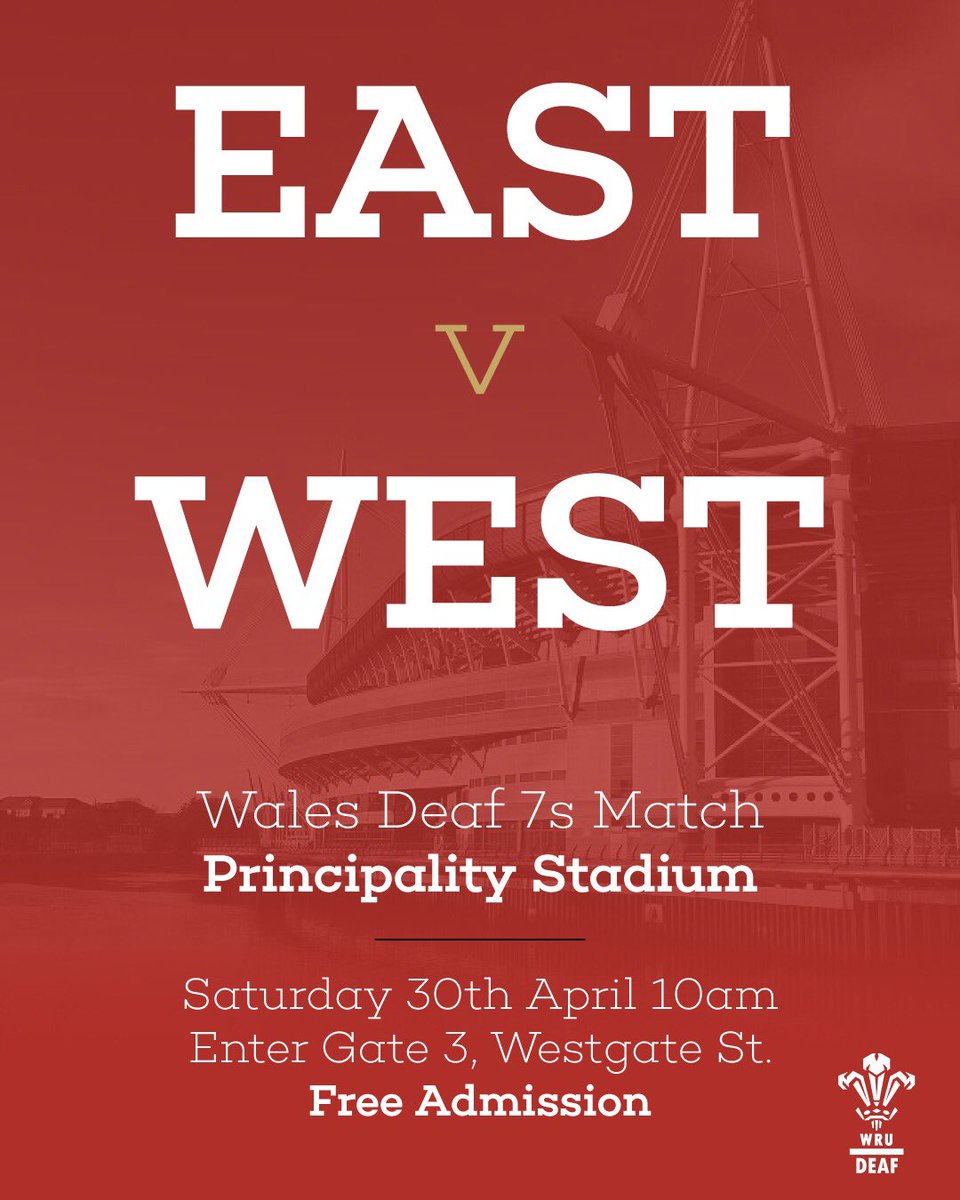 WalesDeafRugby's tweet image. Join us at the Principality Stadium this Saturday 30th April, for our men’s team East v West 7’s match. 

Congratulations to all players who have been selected for this opportunity 👏 

#deafrugby #nobarriers