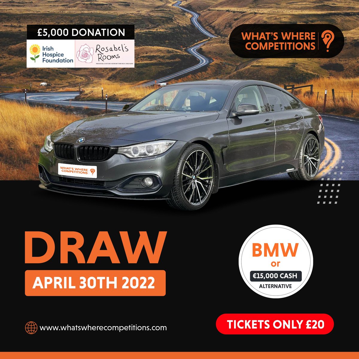 <a href="/gbayfm/">Galway Bay FM</a> We’ve added a €15,000 Cash Alternative to our BMW 420d Sport competition and the live draw is tomorrow. We’re aiming to raise €5,000 for <a href="/RosabelsRooms/">RosabelsRooms</a> and only 1,750 tickets in total.😊 <a href="/networkgalway/">Network Ireland Galway</a> <a href="/BPWGalway/">BPWGalway</a> <a href="/EmpowerHerIE/">EmpowerHer</a> <a href="/MonroesLive/">Monroe's Live</a>
WhatsWhereCompetitions.com