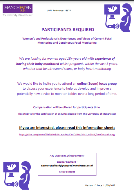 Have you had ultrasound scans or baby heart monitoring while pregnant within the last 5 years?  If so, we need your help! 

Contact Eleanor.godhard@postgrad.manchester.ac.uk for more information. Compensation will be offered, please share this post to help our research!