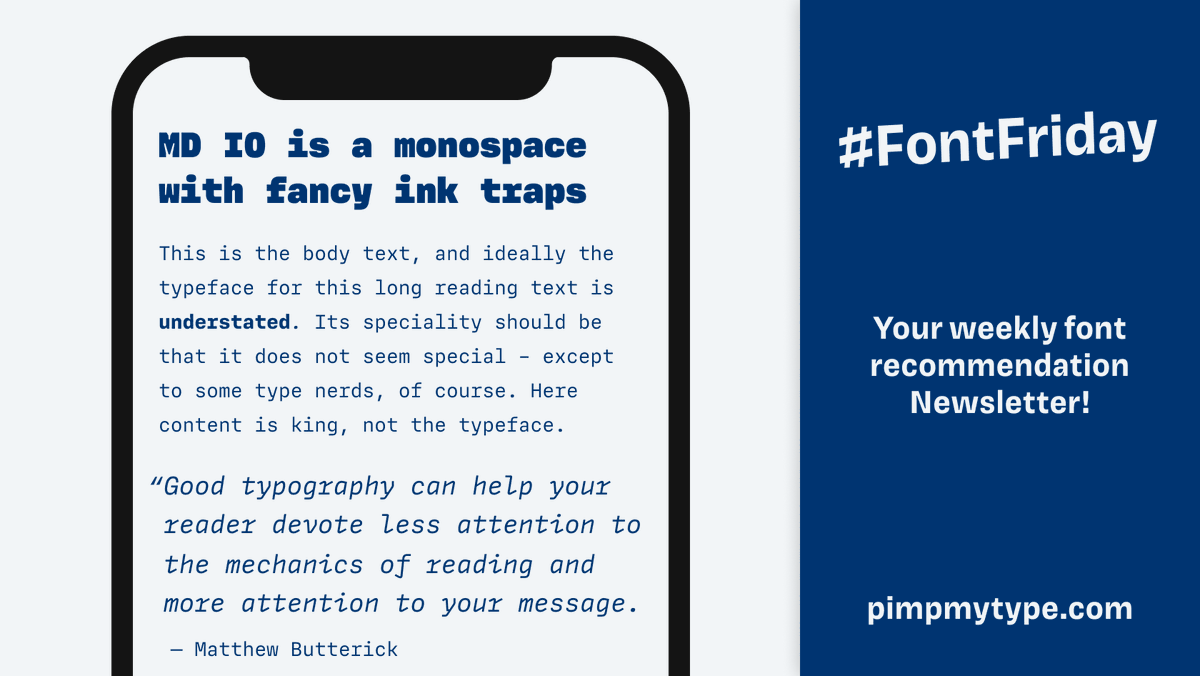 glyphe's tweet image. Hooray, it’s #FontFriday with MD IO by @mass_driver_tm, available on @futurefonts. A clean #monospace typeface with beautiful ink traps, engaging italics, bringing a certain warmth to an overall technological vibe.