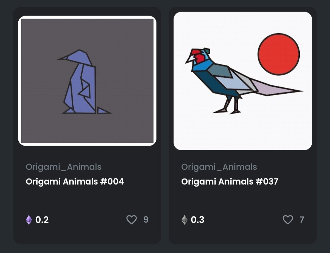 origami_web3's tweet photo. 【🚀二次流通ラインナップ🚀】

６点が二次流通しています！
お気に入りの動物はいますか？？

現在一次流通は全４０作品完売中です🚨
興味がある方は是非ご覧ください🙇🏻‍♂️

👉🏻 https://t.co/WWTfyRXoVe
#NFT 
#OrigamiAnimals
#nftcollector https://t.co/ZbiStn86FX