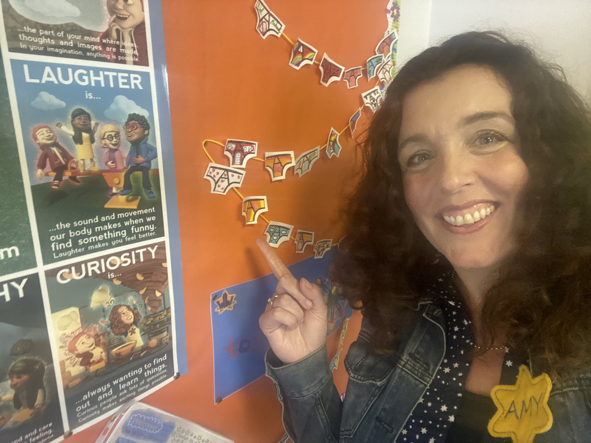 TheWorryWizard's tweet photo. Action Pants bunting! Magical 🪄! Exciting to see displays in our #WorryWizard schools. Thank you @Heys_Primary - a lovely welcome yesterday. You were all packed full of #Wellbeing qualities & @Traceyriley55 & I left with our Wellbeing shining brightly 💙 @TGCCG @TamesideCouncil https://t.co/VO4mkQYMry