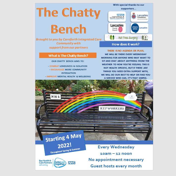 The NEW Chatty Bench is coming to the War Memorial Gardens in Carnforth on 4 May! Our aim is to: reduce isolation &amp; loneliness, promote community interaction, improve mental health and wellbeing and have a good old natter in the process! 

Spread the word!