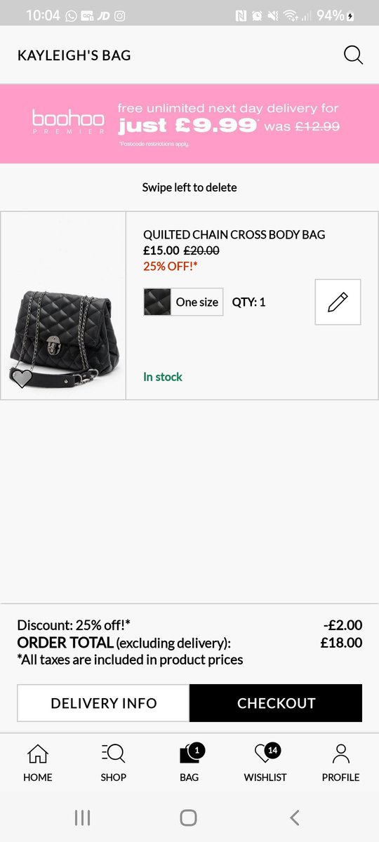 Laydeeqpid9's tweet photo. @boohoo_cshelp bag is 15 quid yet when added to my basket is coming back at 18quid?!? https://t.co/z3l6XMaanl
