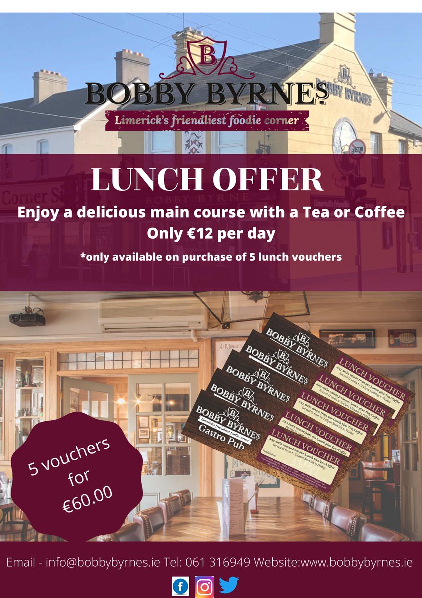 Exciting new lunch offer, get out of the office and save while having scrumptious freshly cooked lunch. Available Tuesday to Friday #bobbybyrnes #Lunchtime #nottobemissed