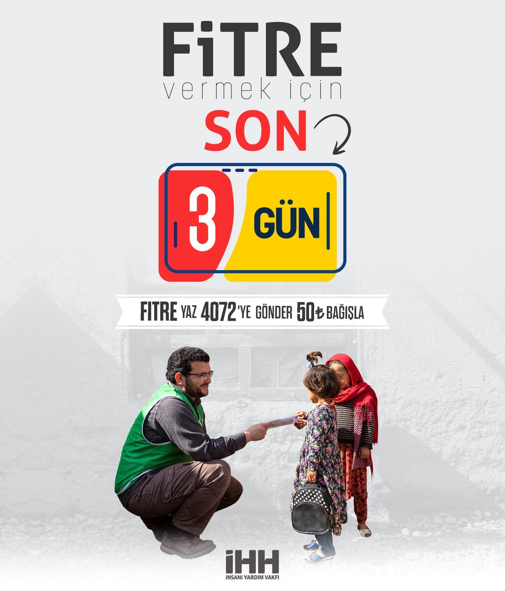 Fitreniz bayramdan önce ihtiyaç sahiplerine umut olsun. 

📨 FITRE yazıp 4072’ye SMS göndererek 50 TL ile kolayca bağış yapabilirsiniz.
🌐 Online bağış: ihh.org.tr/bagis/fitre