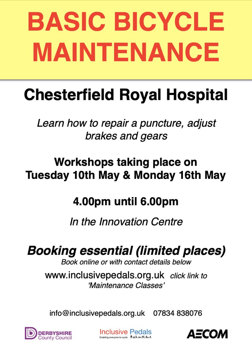 Learn Basic Bicycle Maintenance. Places still available for both of the workshops in May for CRH, DSFS and RPC staff. Booking essential. See poster for details. <a href="/DSFS_Ltd/">Derbyshire Support & Facilities Services Limited</a> <a href="/royalhospital/">Chesterfield Royal Hospital NHS FT</a> <a href="/RoyalPrimary/">Royal Primary Care</a>