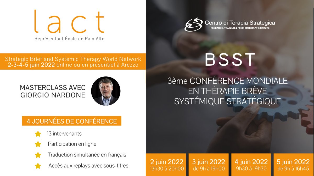 𝗕𝗦𝗦𝗧
𝟑𝐞̀𝐦𝐞 𝐂𝐎𝐍𝐅𝐄́𝐑𝐄𝐍𝐂𝐄 𝐌𝐎𝐍𝐃𝐈𝐀𝐋𝐄 𝐄𝐍 𝐓𝐇𝐄́𝐑𝐀𝐏𝐈𝐄 𝐁𝐑𝐄̀𝐕𝐄 𝐒𝐘𝐒𝐓𝐄́𝐌𝐈𝐐𝐔𝐄 𝐒𝐓𝐑𝐀𝐓𝐄́𝐆𝐈𝐐𝐔𝐄

Le 2-3-4-5 juin 2022 en ligne ou en présentiel à Arezzo

I𝗻𝗳𝗼𝗿𝗺𝗮𝘁𝗶𝗼𝗻𝘀 𝗲𝘁 𝗶𝗻𝘀𝗰𝗿𝗶𝗽𝘁𝗶𝗼𝗻 : lact.fr/conferences-de…