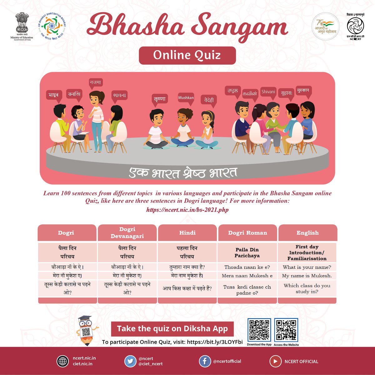 Let's understand our linguistic diversity and culture. Join us and learn sentences of common use in 22 Indian languages by taking part in this quiz.