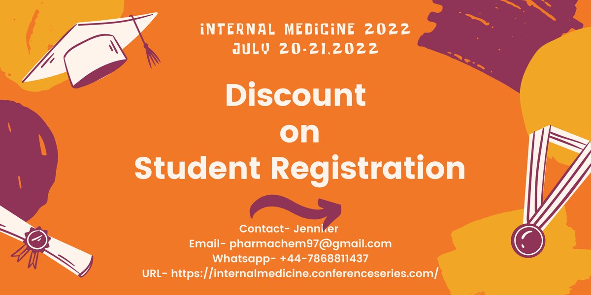 2022Chemistry's tweet photo. STUDENT REGISTRATION DISCOUNT!!

For #internalmedicine 2022 on July 20-21, 2022 in #Vienna, Austria and learn the importance of Occupation Medicine in Internal Medicine.

Contact- Jennifer
Email-pharmachem97@gmail.com
WhatsApp- +44-7868811437 https://t.co/eqkROj5gbc