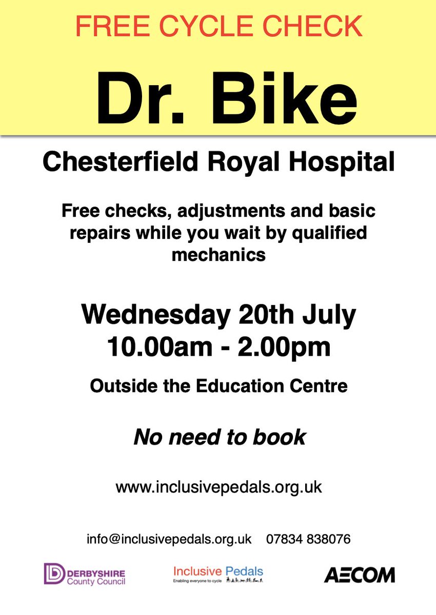 Two further Dr Bike sessions to be held at the hospital in May &amp; July. See posters for details. It is recomended for normal usage you bike is checked yearly. Get your bike ready for some summer cycling!