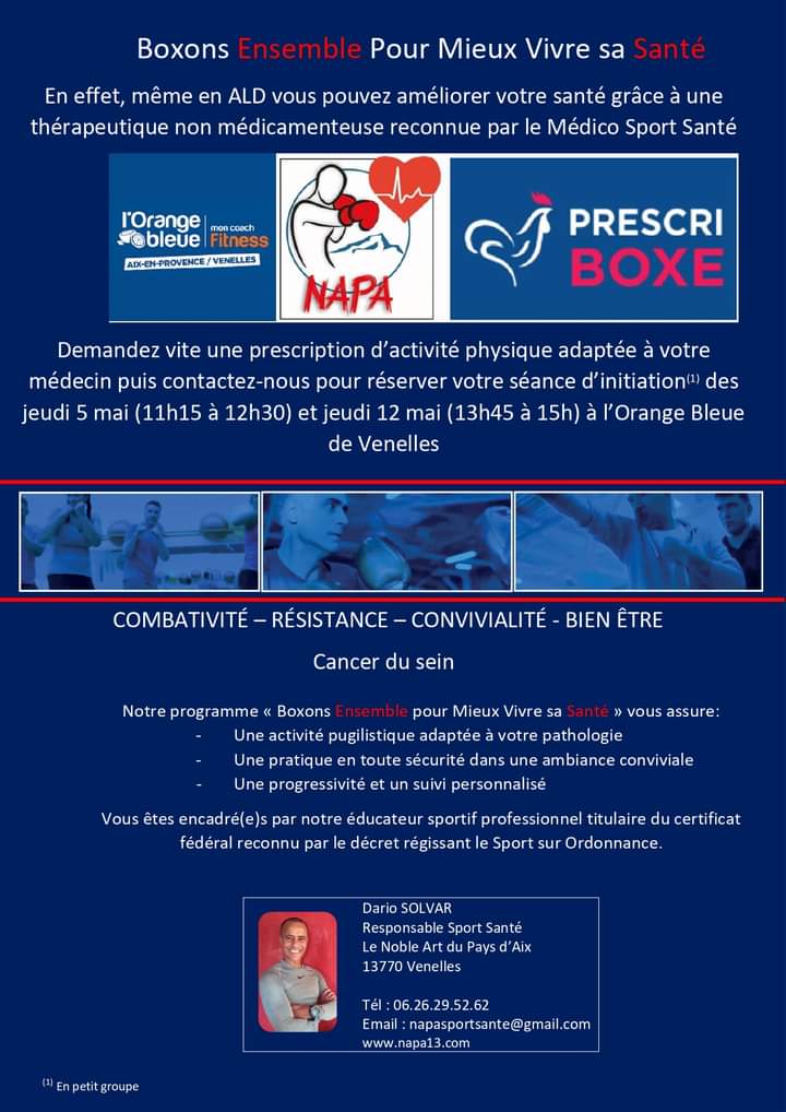 cladie_t's tweet photo. Le Noble Art du Pays d'Aix (NAPA) organise 2 séances d'initiation à la boxe santé (Prescri boxe) pour toutes les personnes en ALD. Pour avoir suivi ce programme depuis 2018, je vous le RECOMMANDE FORTEMENT.  #nobleartdupaysdaix #venelles #ald #cancer  #sportsurordonnance https://t.co/B3HA34NnLt