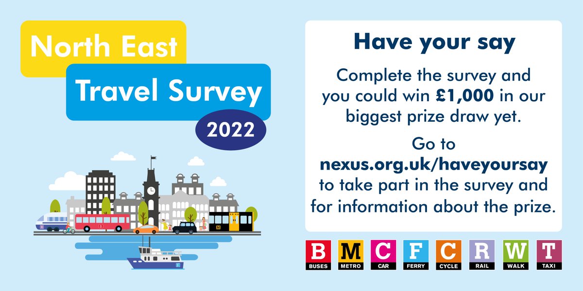 Share your views on the local transport network by taking part in the North East Travel Survey 2022 
🚌🚶‍♀️🚲🚉🚕

We're keen to hear from people in Tyne &amp; Wear, Durham and Northumberland. By taking part, you could win a £1,000 voucher. 

Fill it in here➡ surveymonkey.com/r/NETS2022