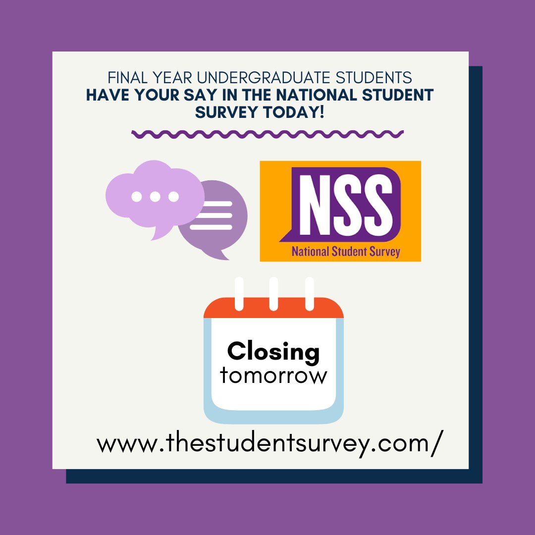 Happy Friday everyone, this is a reminder that the National Student Survey will be closing TOMORROW Saturday 30th April. A huge thank you to everyone that has filled it out already, for those who haven't you still have one last chance to do so!
thestudentsurvey.com