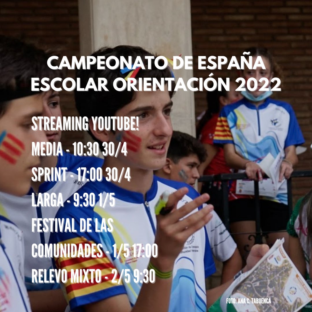 🔜Este fin de semana podremos seguir el Campeonato de España Escolar de Orientación a través de Youtube

🔴 Las 4 pruebas + el festival de las Comunidades retransmitido en directo

🕛Empezamos mañana con la media a las 10:30 y el sprint a las 17:00

¡Guarda el programa!