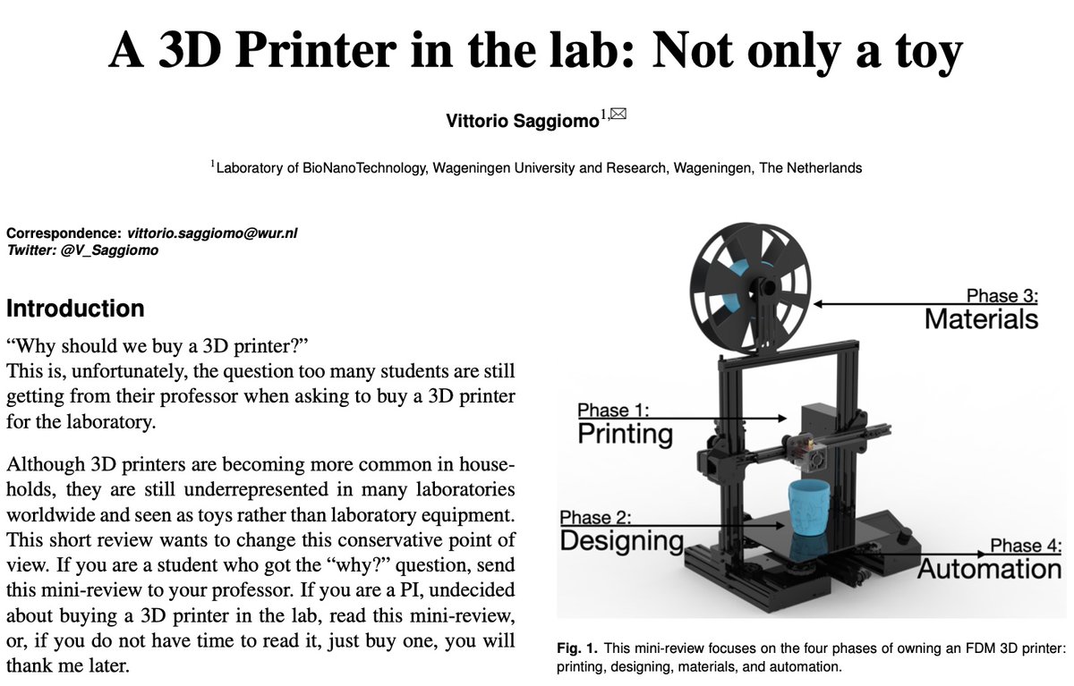V_Saggiomo's tweet photo. Too many researchers still think that a 3D printer is only a toy and it doesn't fit a laboratory. 

This review wants to change that! 
#3dprint #3dprinting #realtimechem 1/8 

https://t.co/On22tdUkqE https://t.co/V3pXavpp7p
