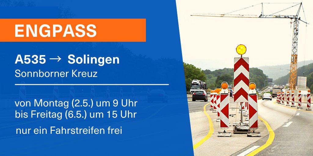Autobahn_Rheinl's tweet photo. 🚧 Auf der #A535 im Sonnborner Kreuz in Fahrtrichtung #Solingen wird es ab Montag (2.5.) um 9 Uhr etwas enger. Bis Freitag (6.5.) um 15 Uhr ist dort nur ein Fahrstreifen frei, weil wir den Boden für zukünftige Arbeiten am Sonnborner Kreuz sondieren. 🚧 (jm) #verkehr https://t.co/UfWiB0XuZK