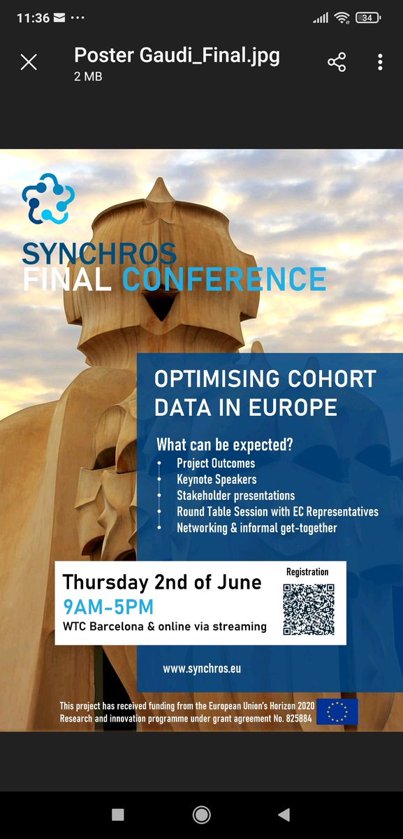 synchros_eu's tweet photo. Register NOW‼️Don't Miss SYNCHROS Final Conference about Optimising Cohort Data in Europe on the 2nd of June. Keynote speakers, Round table discussion, Stakeholder presentations and more... Come and join us in Barcelona or online. Registration details below ⬇️ https://t.co/ExbByMLRFJ