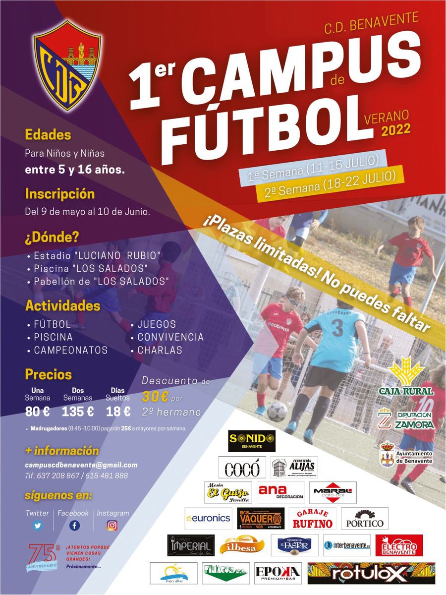 I CAMPUS DE FÚTBOL C.D. BENAVENTE ‼️⚽ VERANO 2022

Comienza la cuenta atrás ⏰ para el primer Campus de Fútbol realizado por el C.D. BENAVENTE. 
Este verano os traeremos un montón de novedades que iremos contando próximamente…🤩
No te lo puedes perder… ¡PLAZAS LIMITADAS!