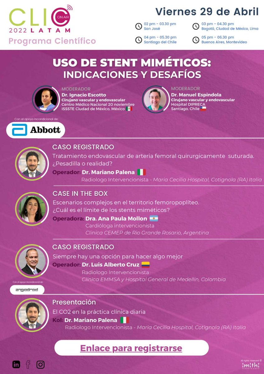 SIDISoc's tweet photo. No se pierdan la sesión de #CLICLATAM con la disertación de nuestro compañero Dr. Luis Cruz. 👏
HOY 29 de abril
🇨🇷. 2 pm
🇨🇴 🇲🇽 🇵🇪 3 pm
🇨🇱. 4 pm
🇦🇷 5 pm
Inscripción al seminario web 👇
https://t.co/JvGqEIMd2q
#IRad #RadiologíaIntervencionista #Intervencionismo https://t.co/re9QZibRee