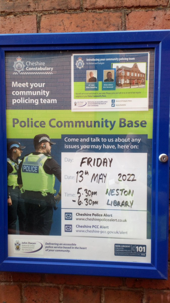 The next joint police / councillor surgery at Neston Library will be on Friday 13th May from 5.30pm to 6.30pm. If you cannot attend in person and would like to discuss an issue, direct message us on Neston and Parkgate Police Facebook or Twitter social media. 
#WeCare #StreetSafe