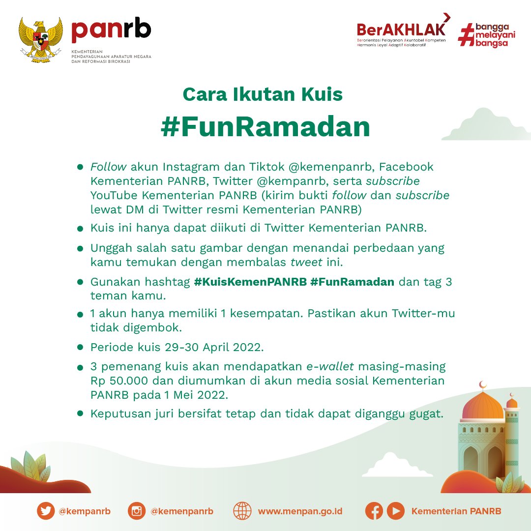 kempanrb's tweet photo. Cuti bersama dimulai hari ini. Menemani kamu yang sedang di perjalanan mudik atau yang tengah menikmati hari libur, yuk ikutan kuis #FunRamadan ini. 

Kuis ini hanya bisa diikuti di Twitter, ya. Siapa tau kamu yang beruntung mendapatkan hadiahnya!
__
#KuisKemenPANRB https://t.co/idpvvOKjPO