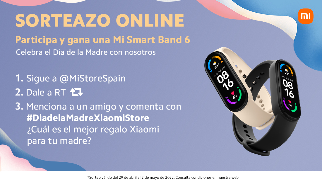 MiStoreSpain's tweet photo. 💥SORTEAZO ONLINE💥

Celebrar el #DiadelaMadre con nosotros y llévate una #MiSmartBand6 a casa🎁

1⃣Síguenos en @MiStoreSpain 
2⃣Dale RT🔁 
3⃣Menciona a un amigo y comenta
¿Cuál es el mejor regalo #Xiaomi para tu madre? usando #DiadelaMadreXiaomiStore 

Suerte☘️ https://t.co/yCZBhq7h2a