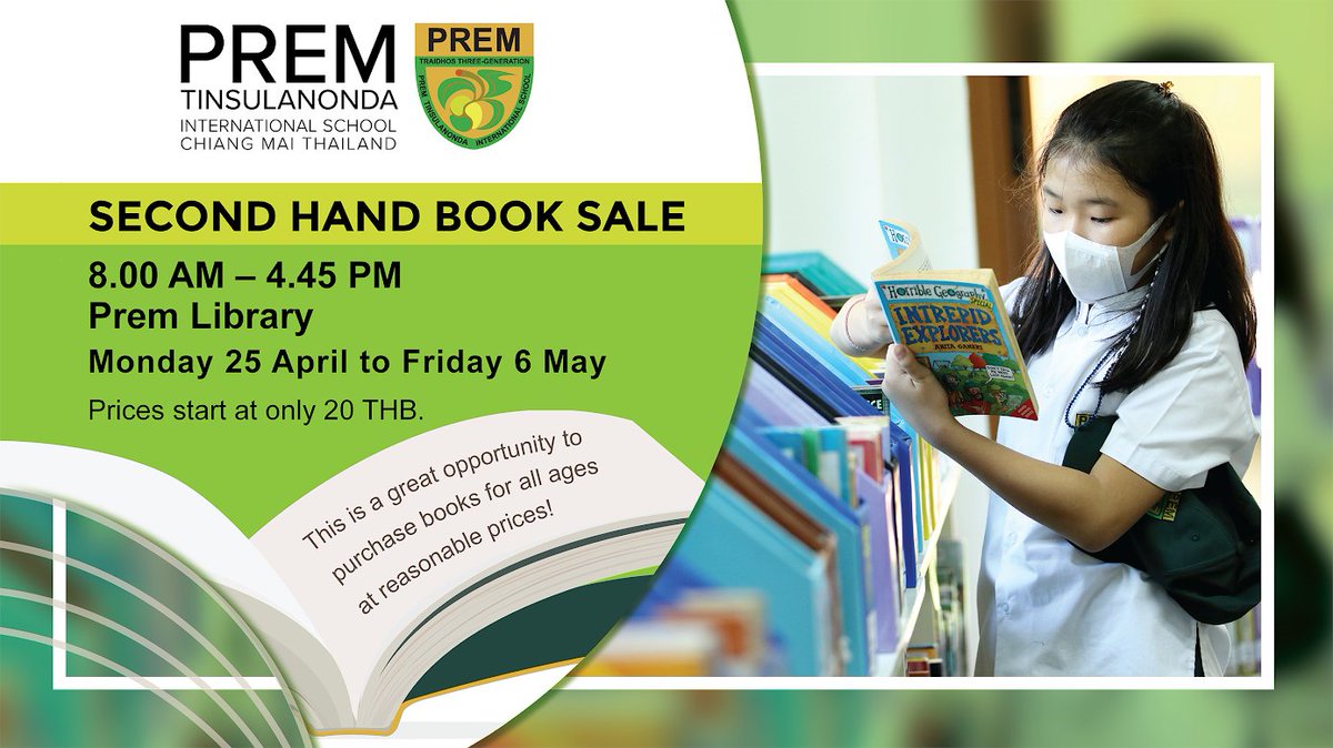 PTISschool's tweet photo. Prem International School's  Second Hand Book Sale is on until Friday 6th May from 8.00 AM - 4.45 PM.

This is a great opportunity to purchase books for all ages at unbelievable prices!
Prices start at only 20 THB!!📗

#PremInternationalSchool #PremLibrary https://t.co/CPtuHzTTBZ