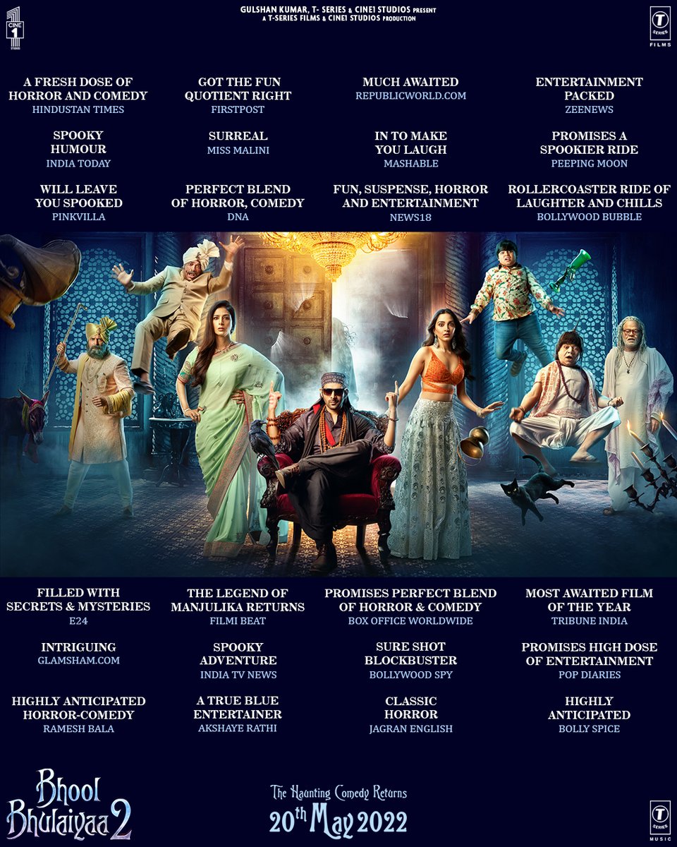 Cine1Studios's tweet photo. The devil is back and how 👻
Brace yourself for the haunted laugh riot that is about to begin!

Trailer out now: https://t.co/8gFsoLKr1T

Watch the family entertainer, #BhoolBhulaiyaa2 releasing in cinemas on 20th May, 2022!

Starring @TheAaryanKartik, @advani_kiara, #Tabu https://t.co/aAocxaeJlr