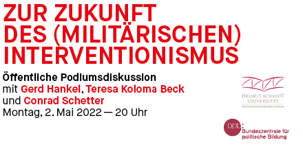 "Zur Zukunft des (militärischen) Interventionismus" Diskussion mit @TeresaKoloma, @SchetterConrad und Gerd Hankel bit.ly/3OHwxIK am 02. Mai, 20 Uhr im <a href="/his_hamburg/">HIS</a> Koop mit <a href="/bpb_de/">bpb.de</a> und <a href="/HSUHamburg/">HSU Hamburg</a> Von der Diagnose des Scheiterns zu den daraus zu ziehenden Konsequenzen