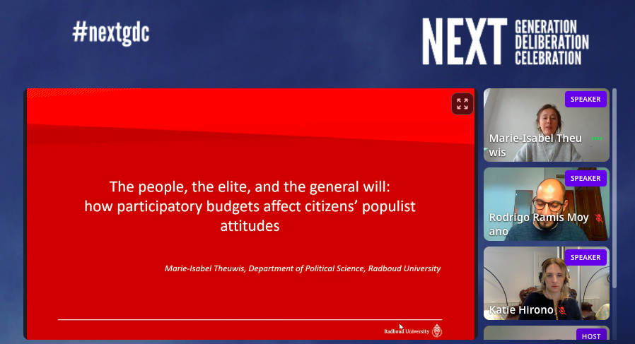 demoinno's tweet photo. @marisabel279 shows us her early findings on how can #democraticinnovations affect citizens’ populist attitudes. Democratic disillusionment 🫤 may grow into #populism — but innovations, such as #participatorybudgets 💰, can change the tide. Theuwis explains to us how! 💡 #NextGDC https://t.co/HSeA2cVUbj