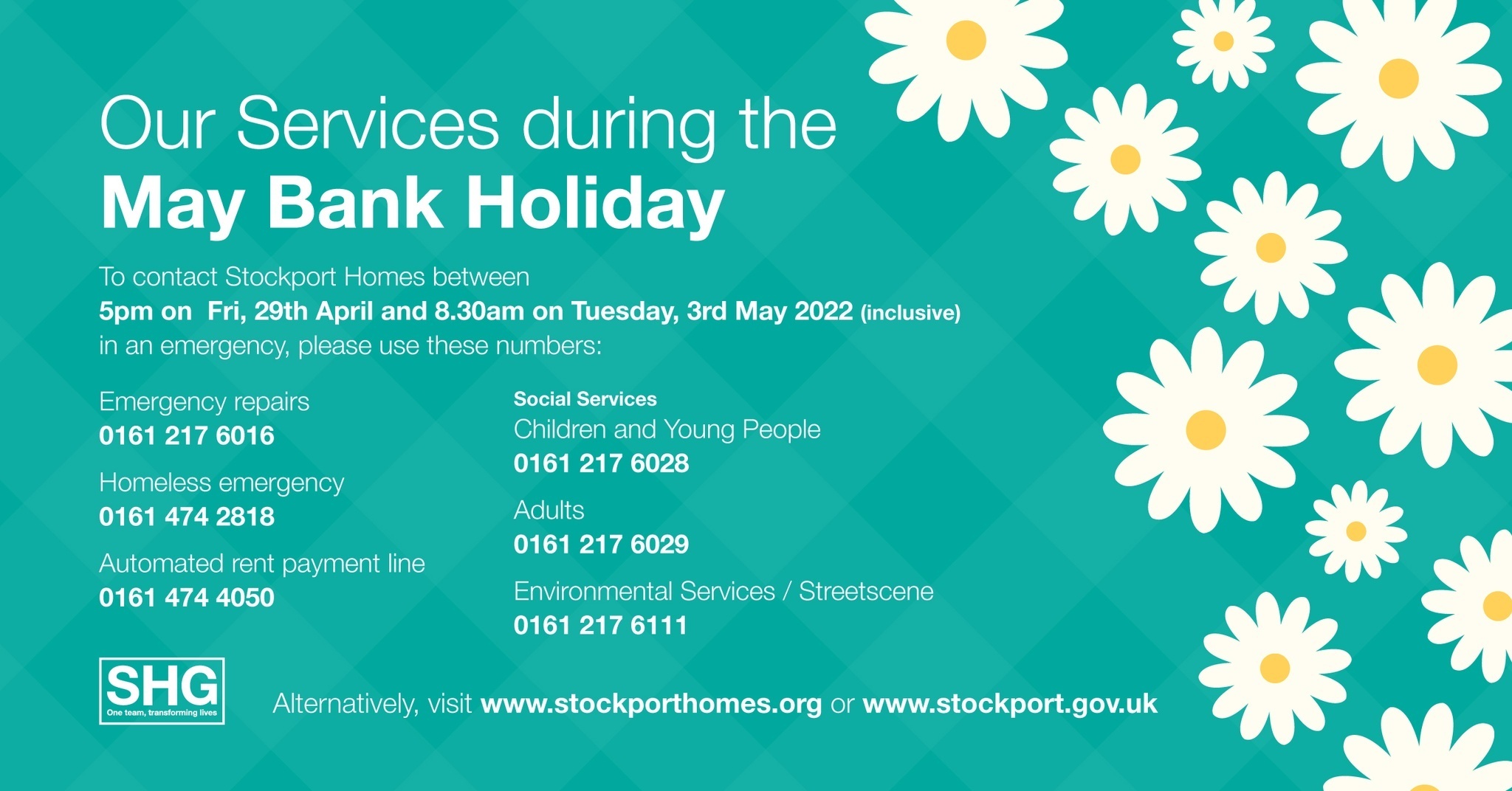 Stockport Homes on Twitter "We will be closed From 5 pm Today to 830 am on Tuesday 3rd for May