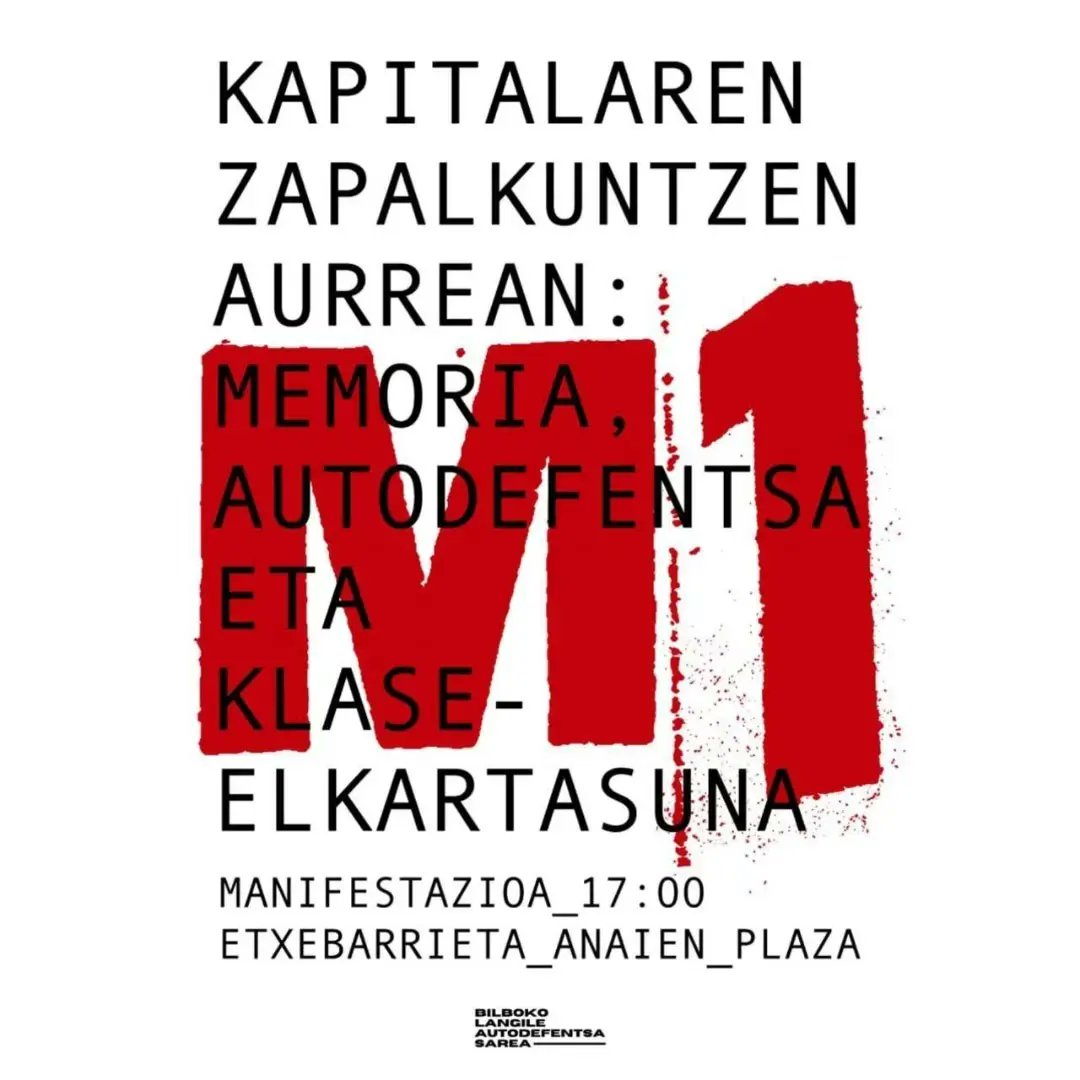 BilbokoS's tweet photo. Gogoratu! Maiatzaren 1ean Etxebarrieta anaien plazan elkar ikusiko dugu!

Manifestazioa 17:00-tan!

Kapitalaren zapalkuntzen aurrean: memoria, autodefentsa eta klase elkartasuna! https://t.co/ZfMBRQ7e6D