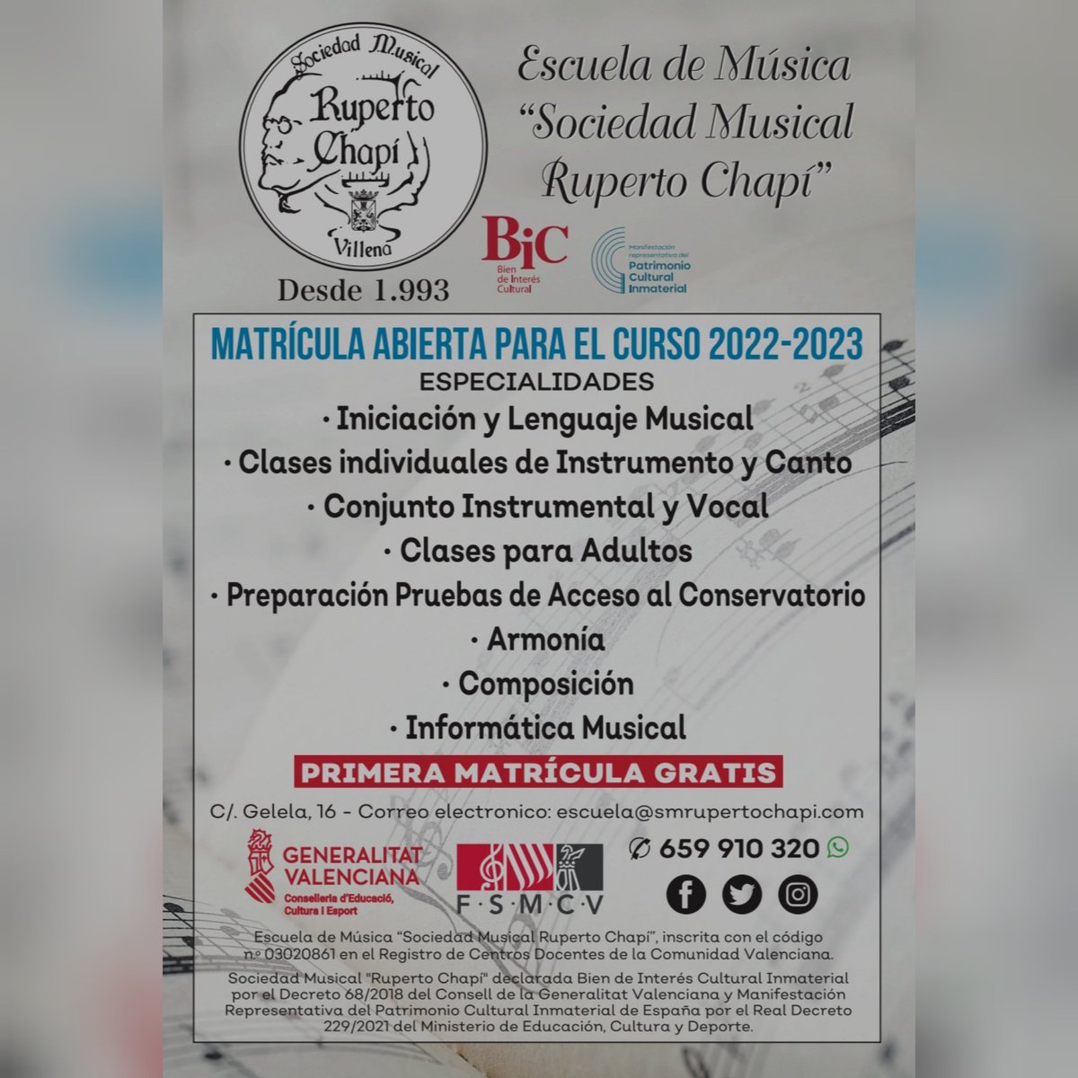 Matrículas abiertas para el nuevo curso 2022-2023!! Os esperamos!!
Además esta vez con la PRIMERA MATRÍCULA GRATIS!!! No dejes pasar esta oportunidad de aprender música con nosotros!!!🎼🎶