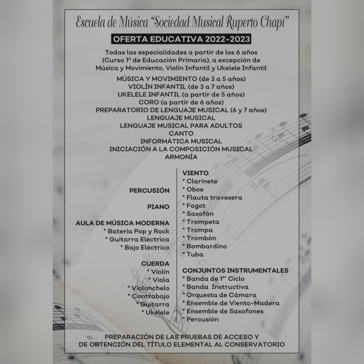 Matrículas abiertas para el nuevo curso 2022-2023!! Os esperamos!!
Además esta vez con la PRIMERA MATRÍCULA GRATIS!!! No dejes pasar esta oportunidad de aprender música con nosotros!!!🎼🎶