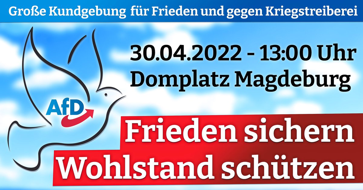 RonnyKumpf's tweet image. Raus auf die Straße, der #Frieden🕊 braucht DICH! Am 30. April um 13 Uhr demonstrieren wir auf dem #Domplatz #Magdeburg. Wir wehren uns gegen Kriegstreiberei, Russophobie, Inflation, Preistreiberei und Experimente mit der Energieversorgung. Kommt zahlreich! #UkraineRussiaWar🇺🇦🇷🇺