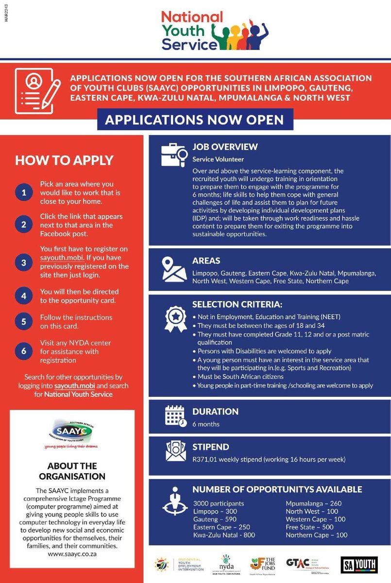 application links for the provinces on the Southern African Association of Youth Clubs (SAAYC) apply here myajiratoday.com/southern-afric…
  
#PYEI #PresidentialYouthEmploymentIntervention #NationalYouthService #NYS #NYDA #SAYouth #EmploySAYouth #Work4Work #OpportunitiesForYouth