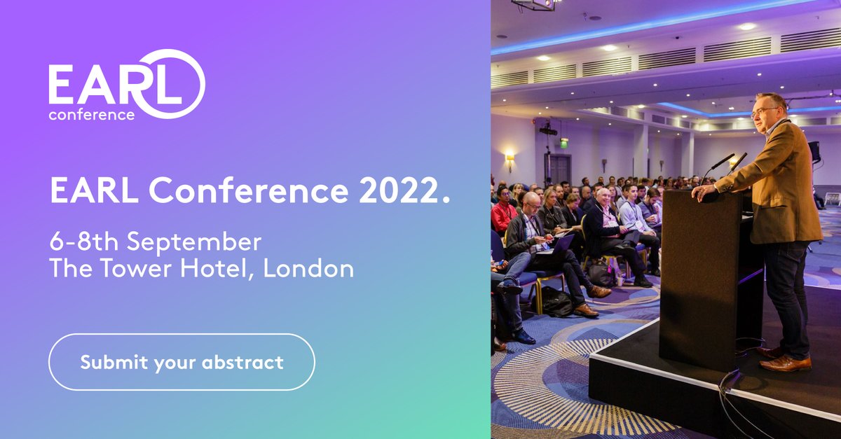 earlconf's tweet photo. What's your application of R? Customer retention? Risk management? We're interested in your team's application of R. #EARL abstracts are now open for submission - the most appreciative and attentive audience in the industry is waiting for you…! https://t.co/uC4t6EID8P https://t.co/ZQHSuay9dD