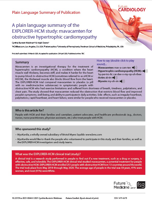 PlainLangSumm's tweet photo. In light of the @US_FDA of #Mavacamten for the treatment of adults with symptomatic obstructive #HypertrophicCardiomyopathy, we're sharing the plain language summary and video of the EXPLORER-HCM study from @fsgfca
📖 https://t.co/ToaDEjOugc

#CardioTwitter @HCMBeat @4hcm https://t.co/FotDEIWrQh