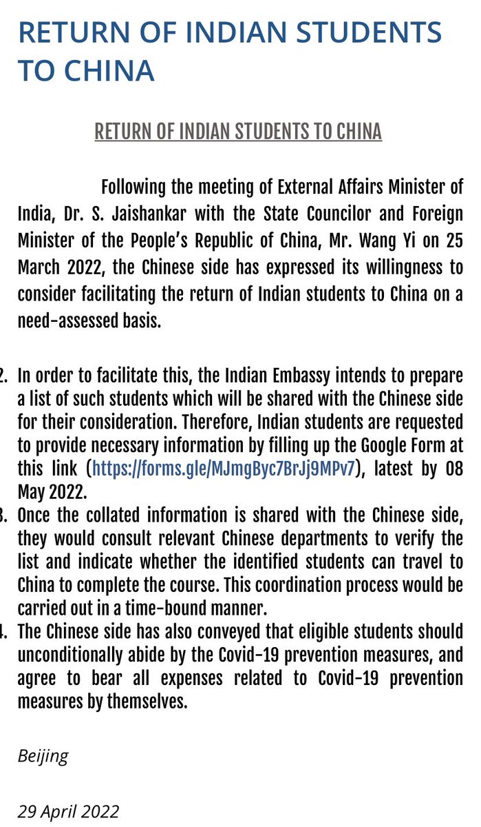 EOIBeijing's tweet photo. Press Release: RETURN OF INDIAN STUDENTS TO CHINA

🔗: https://t.co/ZzaVqTpy1r,, https://t.co/TRKnMdtdrb