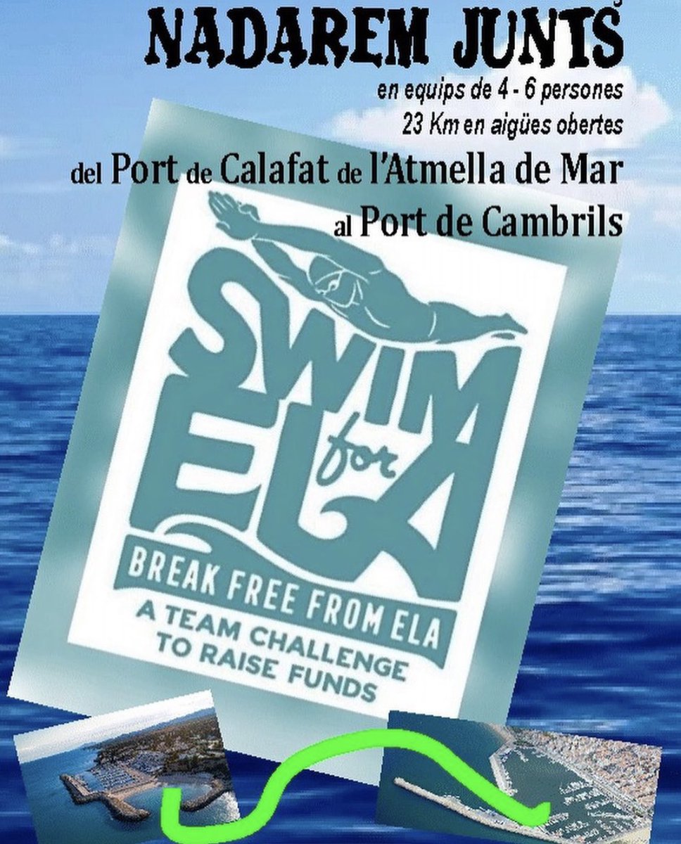 El próximo 15/05/22 gran fiesta en el agua, nadaremos juntos en beneficio de la ELA, y si lo tuyo no es nadar puedes colaborar ayundando a alguno de los equipos inscritos. Nos/les ayudas?