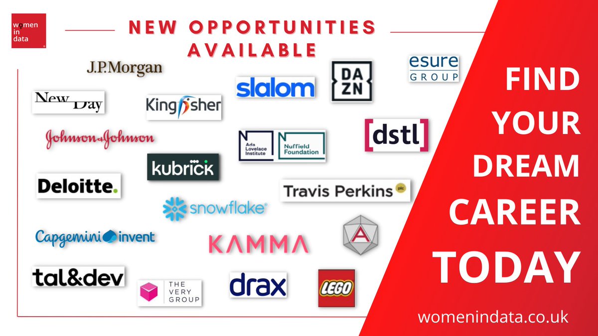 Find your dream #datacareer with one of our #WomeninData® approved partners! 

womenindata.co.uk/diverse-data-j…

<a href="/jpmorgan/">J.P. Morgan</a>, <a href="/Slalom/">Slalom</a>, <a href="/askesure/">esure</a>, <a href="/dazngroup/">DAZN</a>, <a href="/DraxGroup/">Drax</a>, <a href="/SnowflakeDB/">SnowflakeDB</a>, <a href="/dstlmod/">Dstl</a>, <a href="/TP_plc/">Travis Perkins Group News</a>, <a href="/kingfisherplc/">Kingfisher plc</a>, <a href="/KubrickGroup/">Kubrick Group</a>, <a href="/JNJNews/">Johnson & Johnson</a>, <a href="/AdaLovelaceInst/">Ada Lovelace Institute</a>, <a href="/CapgeminiInvent/">Capgemini Invent</a>, <a href="/kamma_data/">Kamma</a>