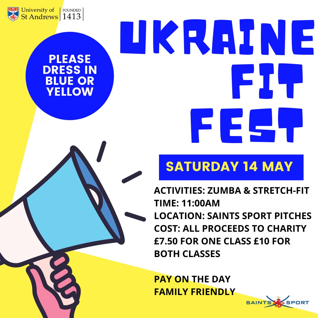 DaryaTsymbalyuk's tweet photo. St Andrews and Fife, save the date for our Ukrainian fundraiser with zumba queen Ailsa and incredible stretch session with Ross, followed by a bake sale and more https://t.co/qW0Oz3aOu1