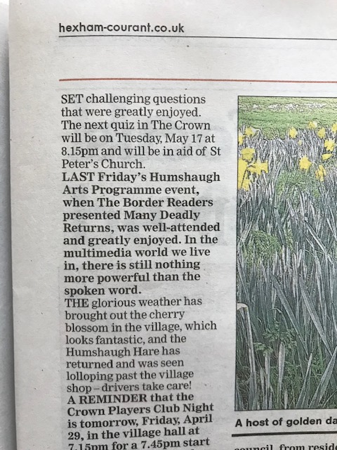 BorderReaders's tweet photo. Thank you Herbie Newell for this in your #Humshaugh village notes in the @hexhamcourant...@_MurderSquad @AnnCleeves @medwardsbooks @kateellisauthor @CathStaincliffe @murphy_dyer @JangleB @RaggedgeProds @HelsLongworth @NlandLibs @hexhamtv @LimeActors @Ruraltouring #readinglive https://t.co/P0Kt742DCF