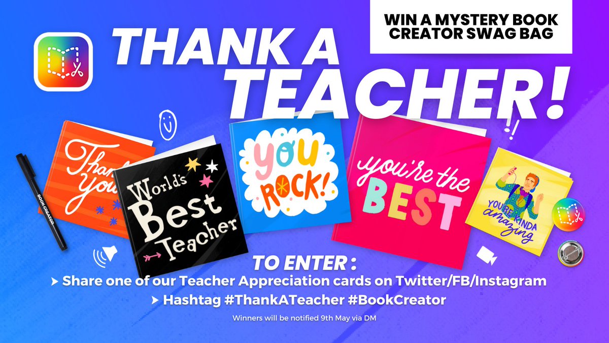 Teachers, we appreciate you daily and to celebrate #TeacherAppreciationWeek, we've created 6 thank you cards to give as gifts at anytime throughout the year. Get your cards today at hubs.la/Q0197vV70 and check out our special giveaway below. ⤵️ #ThankATeacher #BookCreator