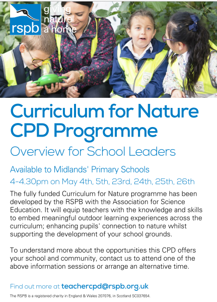 CALL OUT to Midland Schools📢Check out this super CPD opportunity from <a href="/Natures_Voice/">RSPB</a> Find out more here: teachercpd@rspb.org.uk <a href="/ASEWestMids/">The ASE West Midlands</a> @CentralMidSLP @NorthMidsSLP <a href="/CliftonPrim/">CliftonPrimary</a> <a href="/PaganelScience/">Paganel Science</a> <a href="/TemplarsPrimary/">Templars Primary Sch</a> <a href="/HollyfieldPri/">Hollyfield Primary</a> <a href="/sarahpurplee/">Sarah Eames</a>